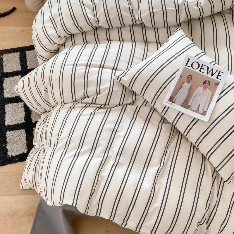 Nordic Classic Stripe Pattern Bedding Set │ Modern Boho Cotton Bed Duvet cover Pillow case - Besontique Home