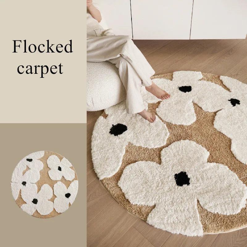 Nordic style Floral Flocked Round Rug │ Fluffy Area Bedroom Bedside Anti-Slip Carpet - Besontique