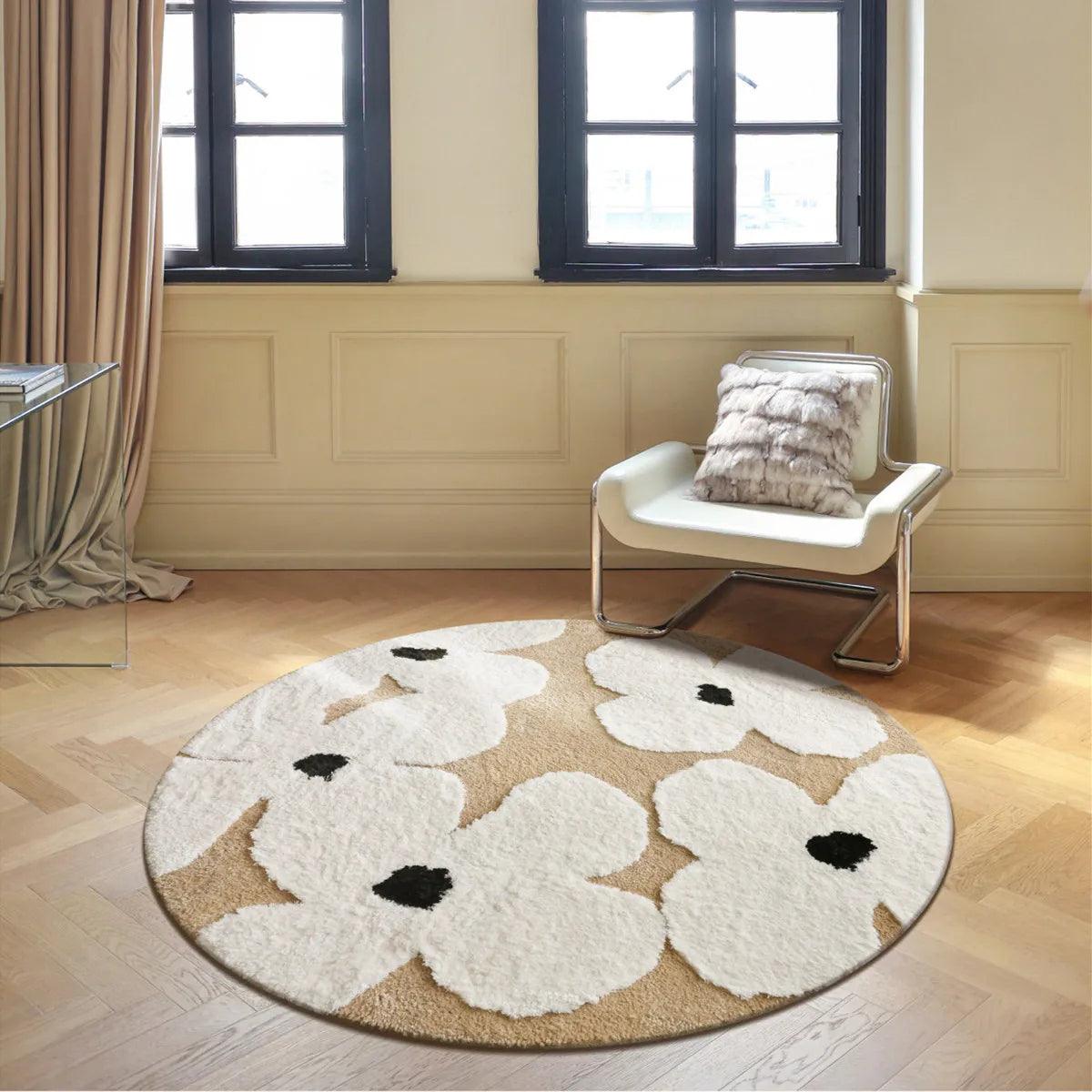 Nordic style Floral Flocked Round Rug │ Fluffy Area Bedroom Bedside Anti-Slip Carpet - Besontique