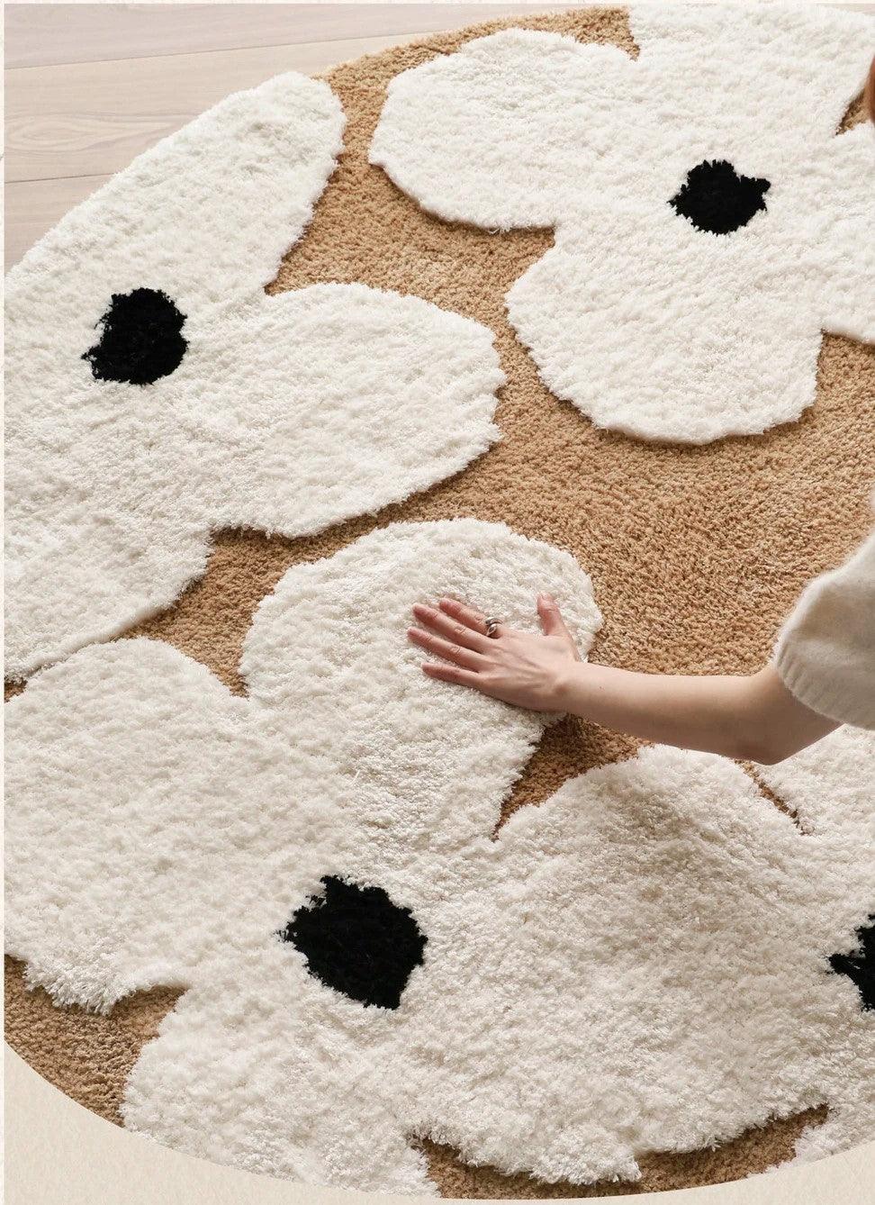 Nordic style Floral Flocked Round Rug │ Fluffy Area Bedroom Bedside Anti-Slip Carpet - Besontique