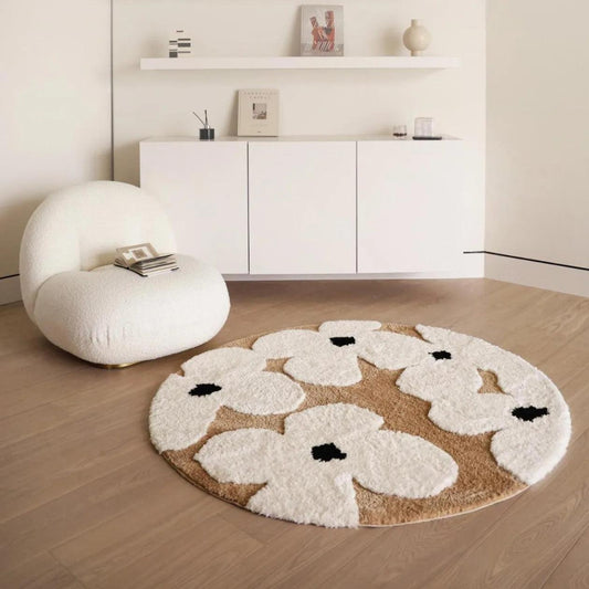 Nordic style Floral Flocked Round Rug │ Fluffy Area Bedroom Bedside Anti-Slip Carpet - Besontique Home