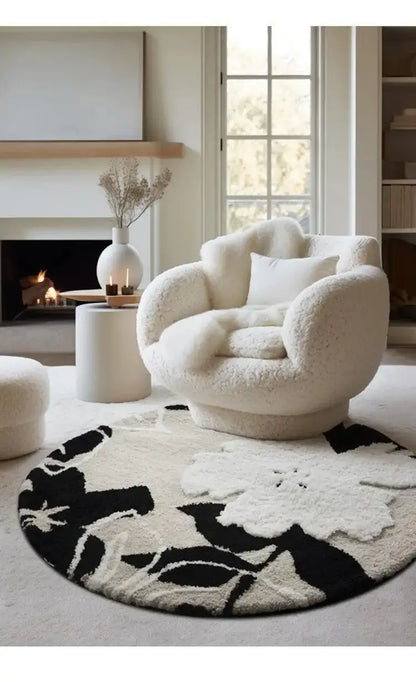 Nordic style Floral Flocked Round Rug │ Fluffy Area Bedroom Bedside Anti-Slip Carpet - Besontique Home