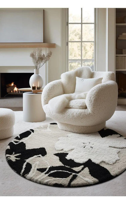 Nordic style Floral Flocked Round Rug │ Fluffy Area Bedroom Bedside Anti-Slip Carpet - Besontique Home