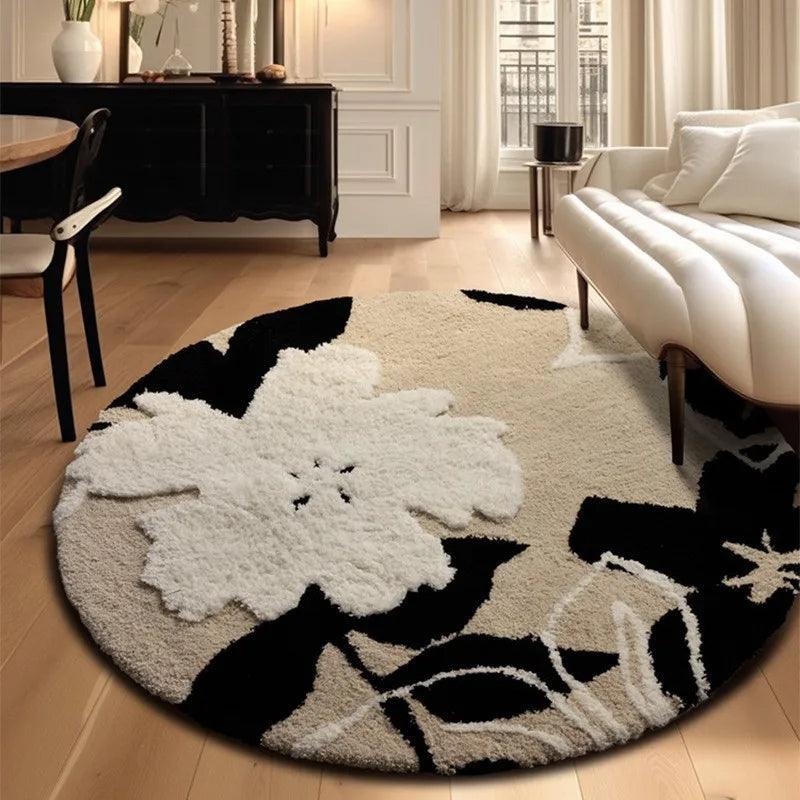 Nordic style Floral Flocked Round Rug │ Fluffy Area Bedroom Bedside Anti-Slip Carpet - Besontique Home