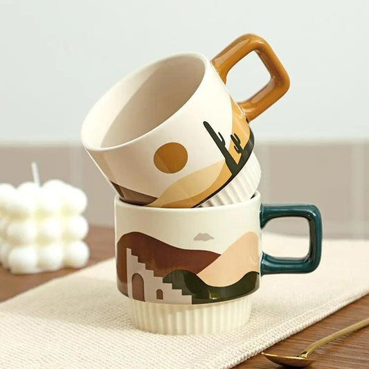 Nordic Unique Design Printed Ceramic Coffee Mug Cup with gold spoon │ Aesthetic Decorative Kitchenware - Besontique Home