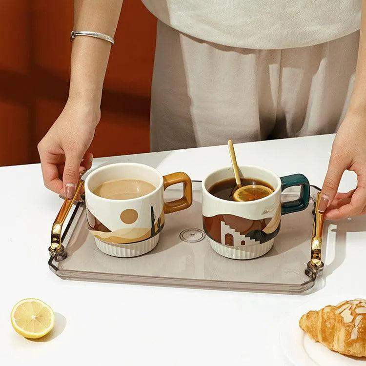 Nordic Unique Design Printed Ceramic Coffee Mug Cup with gold spoon │ Aesthetic Decorative Kitchenware - Besontique Home