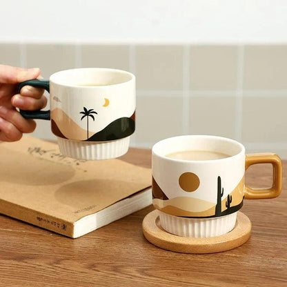Nordic Unique Design Printed Ceramic Coffee Mug Cup with gold spoon │ Aesthetic Decorative Kitchenware - Besontique Home
