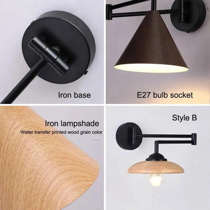 Nordic Wood Grain Wall Lighting Lamp │ Modern Retro Retractable Foldable Bedside Wall Mounted Light - Besontique Home