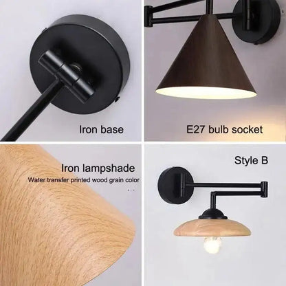 Nordic Wood Grain Wall Lighting Lamp │ Modern Retro Retractable Foldable Bedside Wall Mounted Light - Besontique Home