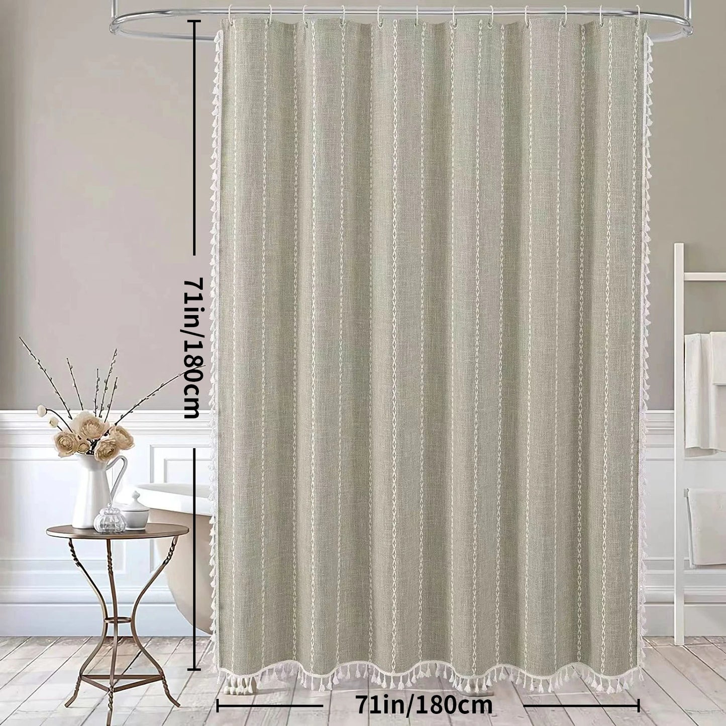 Bohemian Heavy Linen Shower Curtain with Tassel (1 pcs)  │ For Modern Style Bathroom Decor