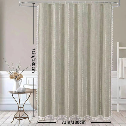 Bohemian Heavy Linen Shower Curtain with Tassel (1 pcs)  │ For Modern Style Bathroom Decor