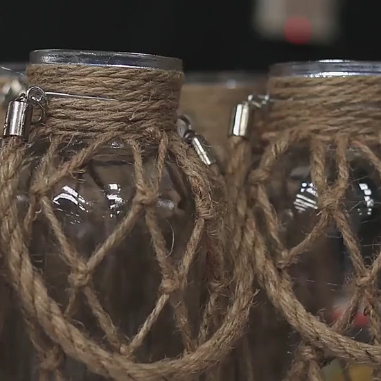 Rustic Hanging Glass Vase with Hemp Rope Net │ Artistic Transparent Dry Flower Jar Vase Set Besontique Home Ornaments