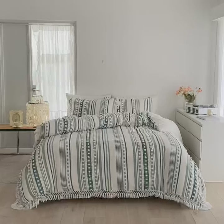 High-end Striped Cut Furball Bedding Set │ Modern Boho Quilt with Tassels Bed Duvet cover Pillow case Besontique Home Decor bedroom