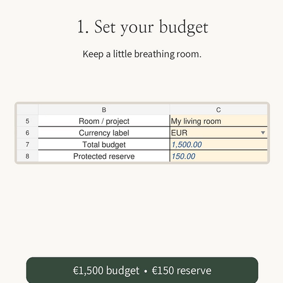 A promotional graphic for a Besontique Small Living Room Planner and Budget Calculator. The image shows a laptop on a wooden desk displaying a spreadsheet template, surrounded by home decor props like vases, books, and a notebook.