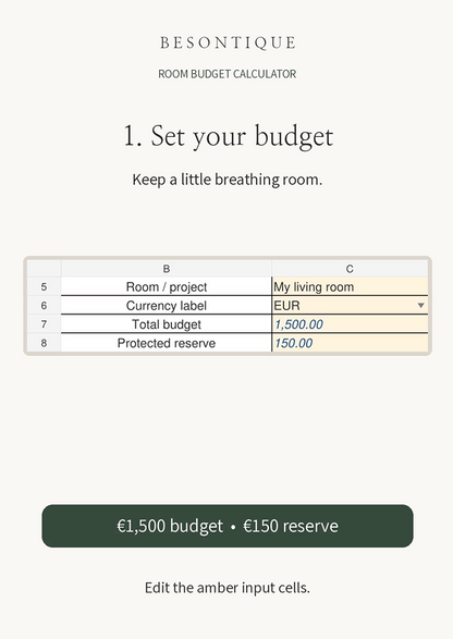 A promotional graphic for a Besontique Small Living Room Planner and Budget Calculator. The image shows a laptop on a wooden desk displaying a spreadsheet template, surrounded by home decor props like vases, books, and a notebook.