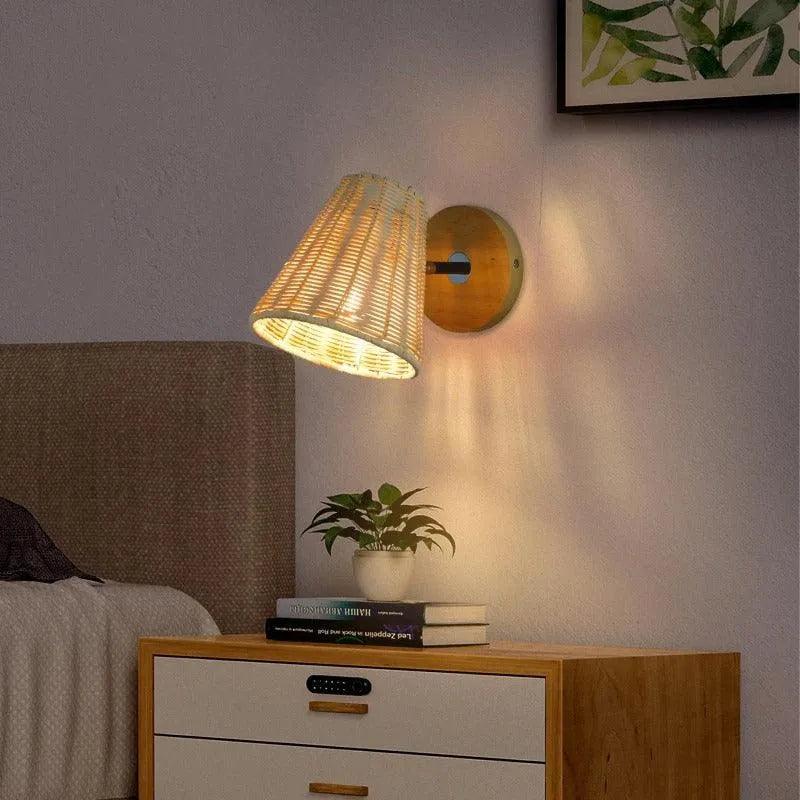 Rattan Hand-Woven Bedside Wall Lighting Lamp │ Modern Retro Rotatable Wall Light - Besontique Home