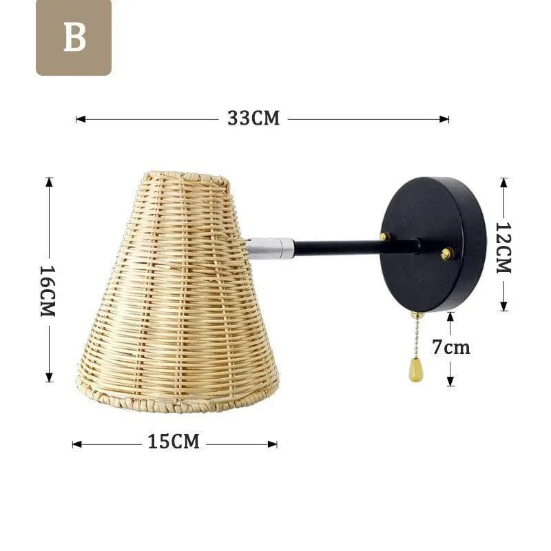 Rattan Hand-Woven Bedside Wall Lighting Lamp │ Modern Retro Rotatable Wall Light - Besontique Home