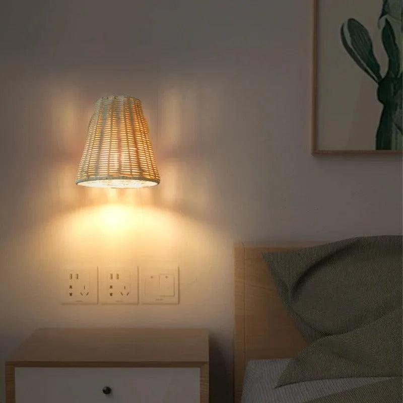 Rattan Hand-Woven Bedside Wall Lighting Lamp │ Modern Retro Rotatable Wall Light - Besontique Home