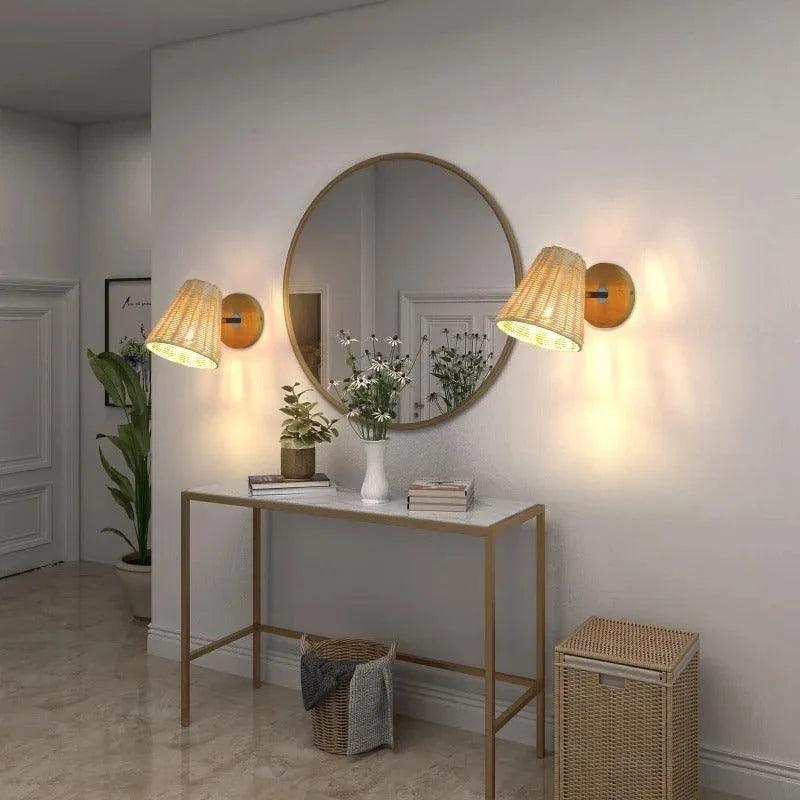 Rattan Hand-Woven Bedside Wall Lighting Lamp │ Modern Retro Rotatable Wall Light - Besontique Home