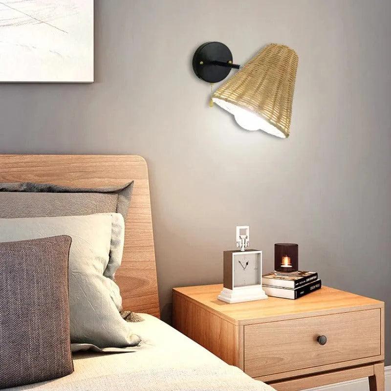 Rattan Hand-Woven Bedside Wall Lighting Lamp │ Modern Retro Rotatable Wall Light - Besontique Home