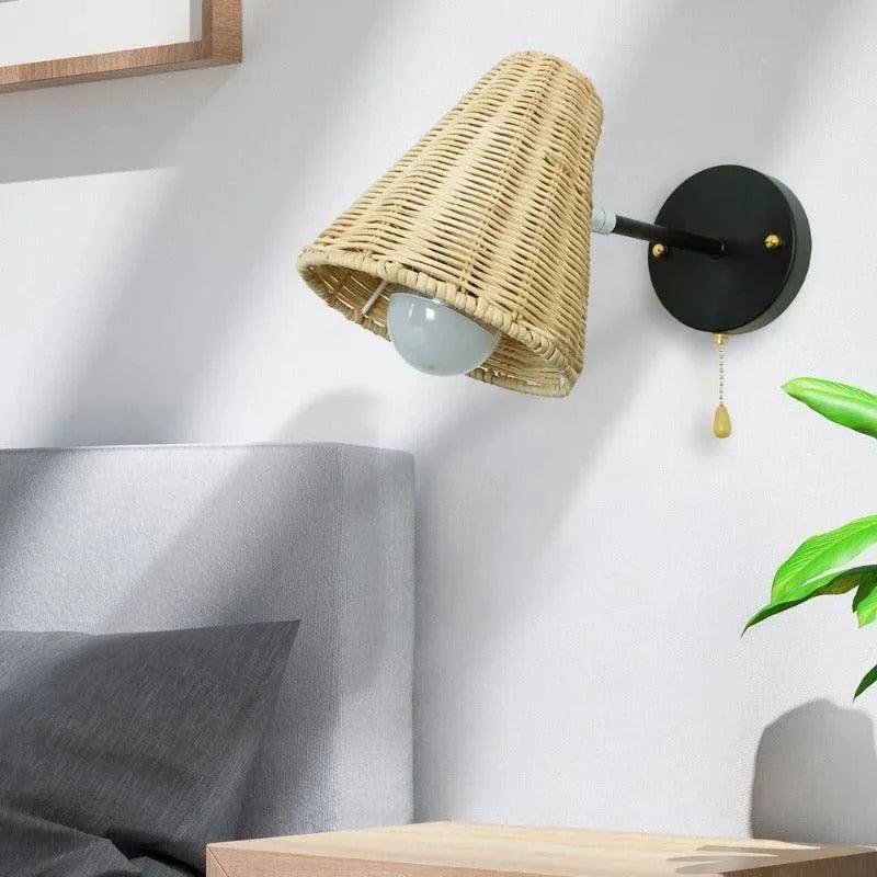 Rattan Hand-Woven Bedside Wall Lighting Lamp │ Modern Retro Rotatable Wall Light - Besontique Home