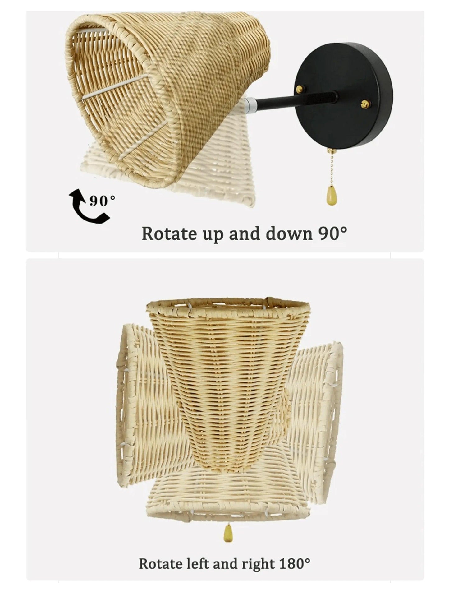 Rattan Hand-Woven Bedside Wall Lighting Lamp │ Modern Retro Rotatable Wall Light - Besontique Home