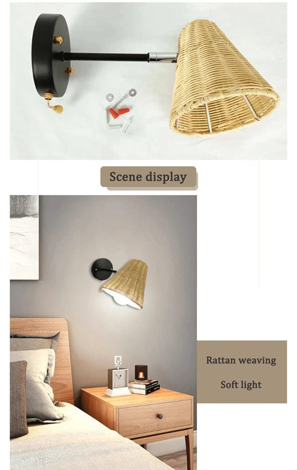 Rattan Hand-Woven Bedside Wall Lighting Lamp │ Modern Retro Rotatable Wall Light - Besontique Home