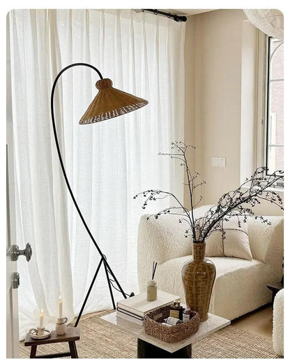 Rattan Shade Tripod Floor Lamp │ Modern Vintage Japandi Home Standing Light - Besontique Home