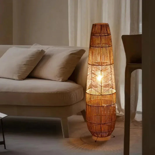 Retro Style Hemp Rope Floor Lamp │ Japandi Rattan Weaving Home Tripod Standing Light - Besontique Home