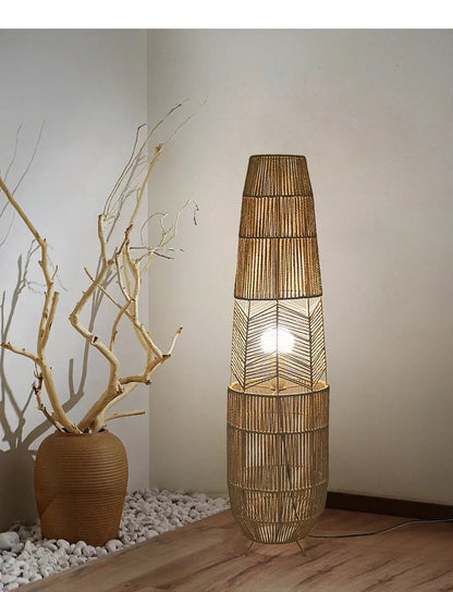 Retro Style Hemp Rope Floor Lamp │ Japandi Rattan Weaving Home Tripod Standing Light - Besontique Home