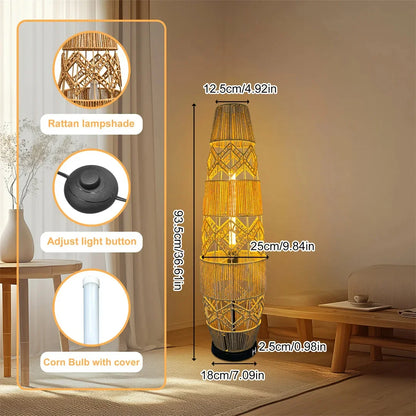 Retro Style Linen Art Hemp Rope Floor Lamp │ Japandi Rattan Weaving Home Tripod Standing Light - Besontique Home