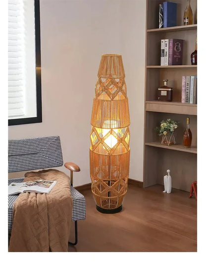 Retro Style Linen Art Hemp Rope Floor Lamp │ Japandi Rattan Weaving Home Tripod Standing Light - Besontique Home