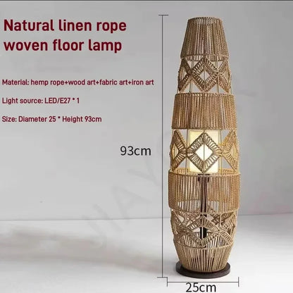 Retro Style Linen Art Hemp Rope Floor Lamp │ Japandi Rattan Weaving Home Tripod Standing Light - Besontique Home