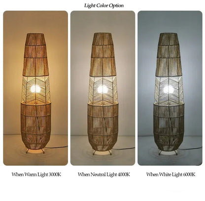 Retro Style Linen Art Hemp Rope Floor Lamp │ Japandi Rattan Weaving Home Tripod Standing Light - Besontique Home