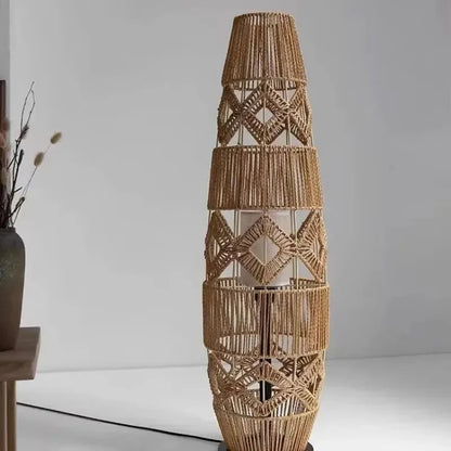 Retro Style Linen Art Hemp Rope Floor Lamp │ Japandi Rattan Weaving Home Tripod Standing Light - Besontique Home