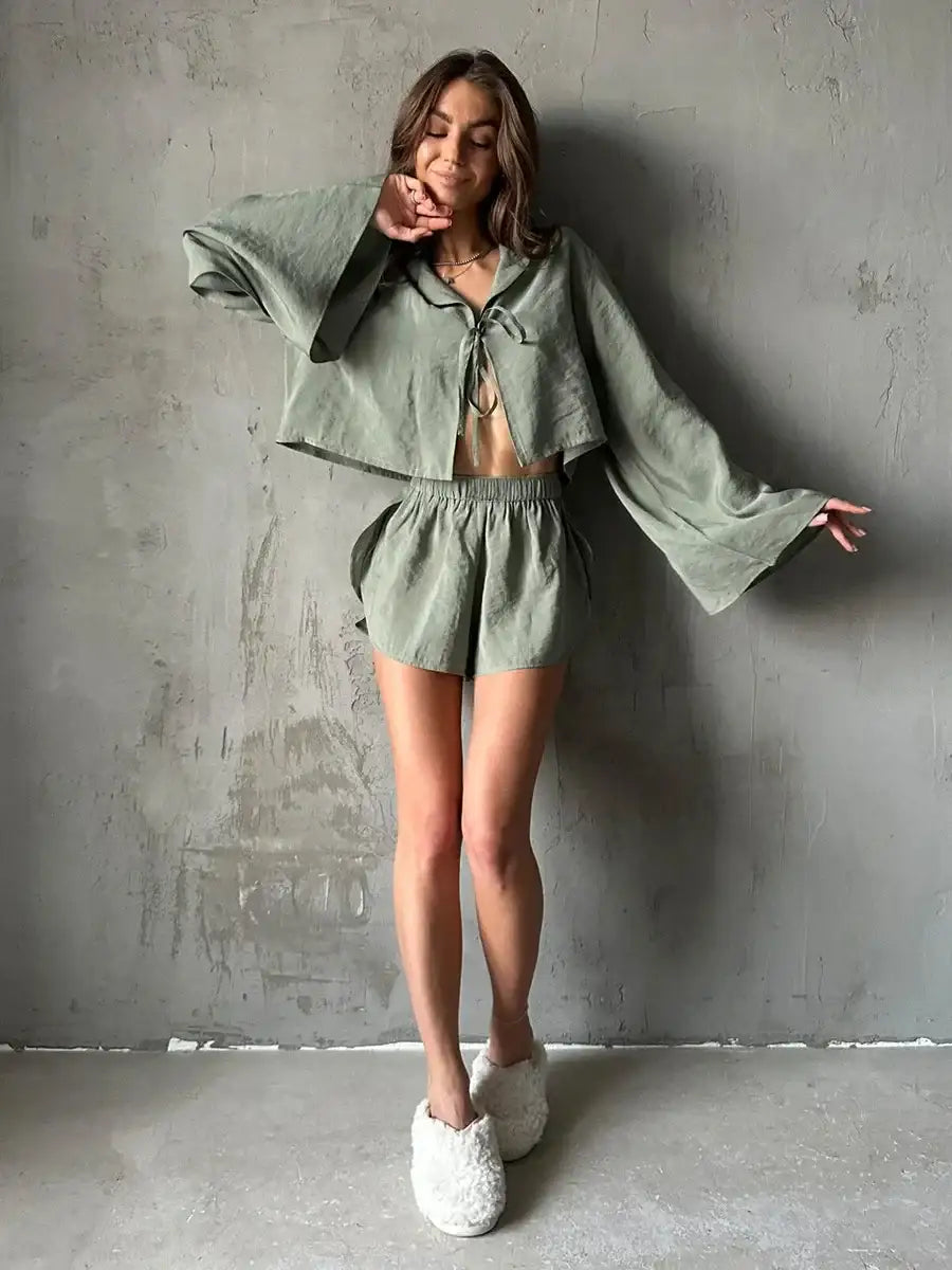Solid Color Viscose Long Sleeved Shorts Pajamas 2 Piece Set │ Comfortable Homewear - Besontique Home