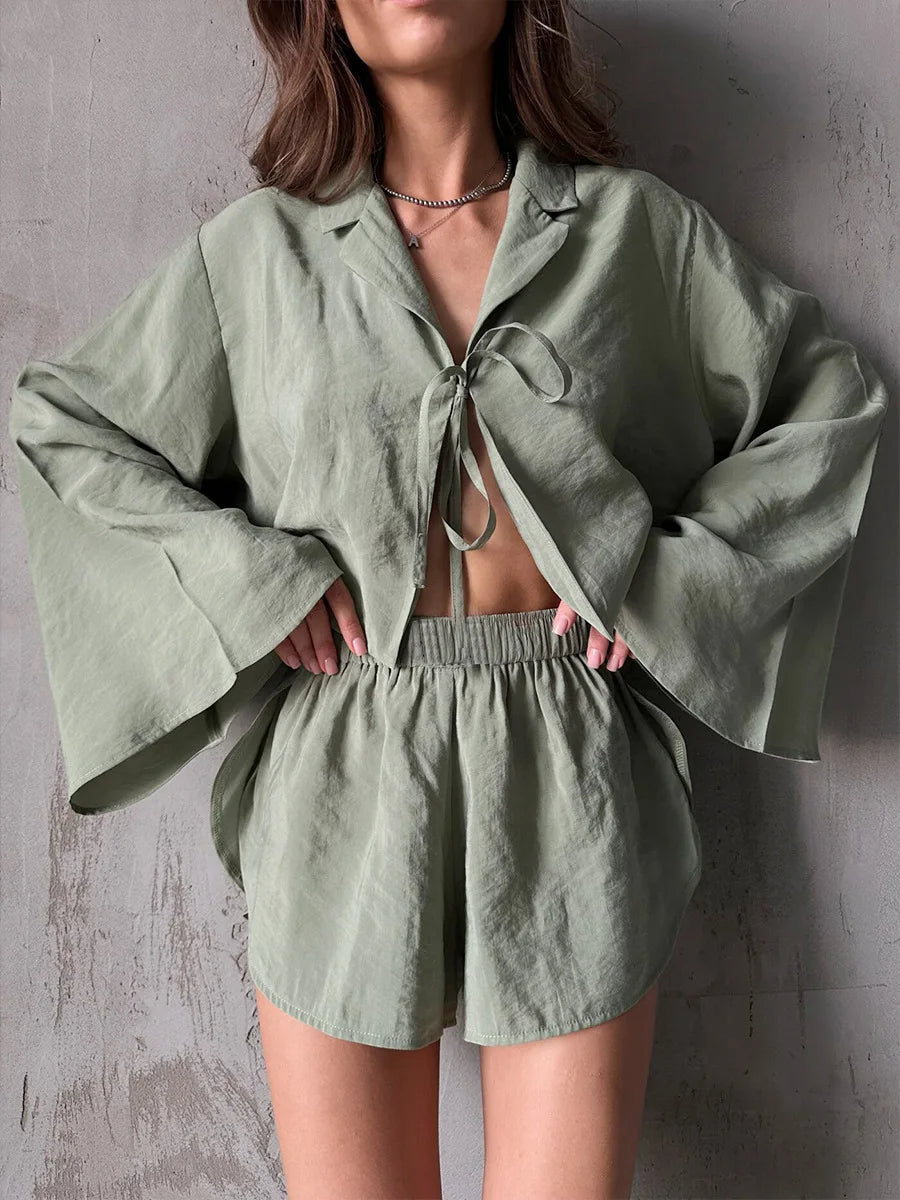 Solid Color Viscose Long Sleeved Shorts Pajamas 2 Piece Set │ Comfortable Homewear - Besontique Home