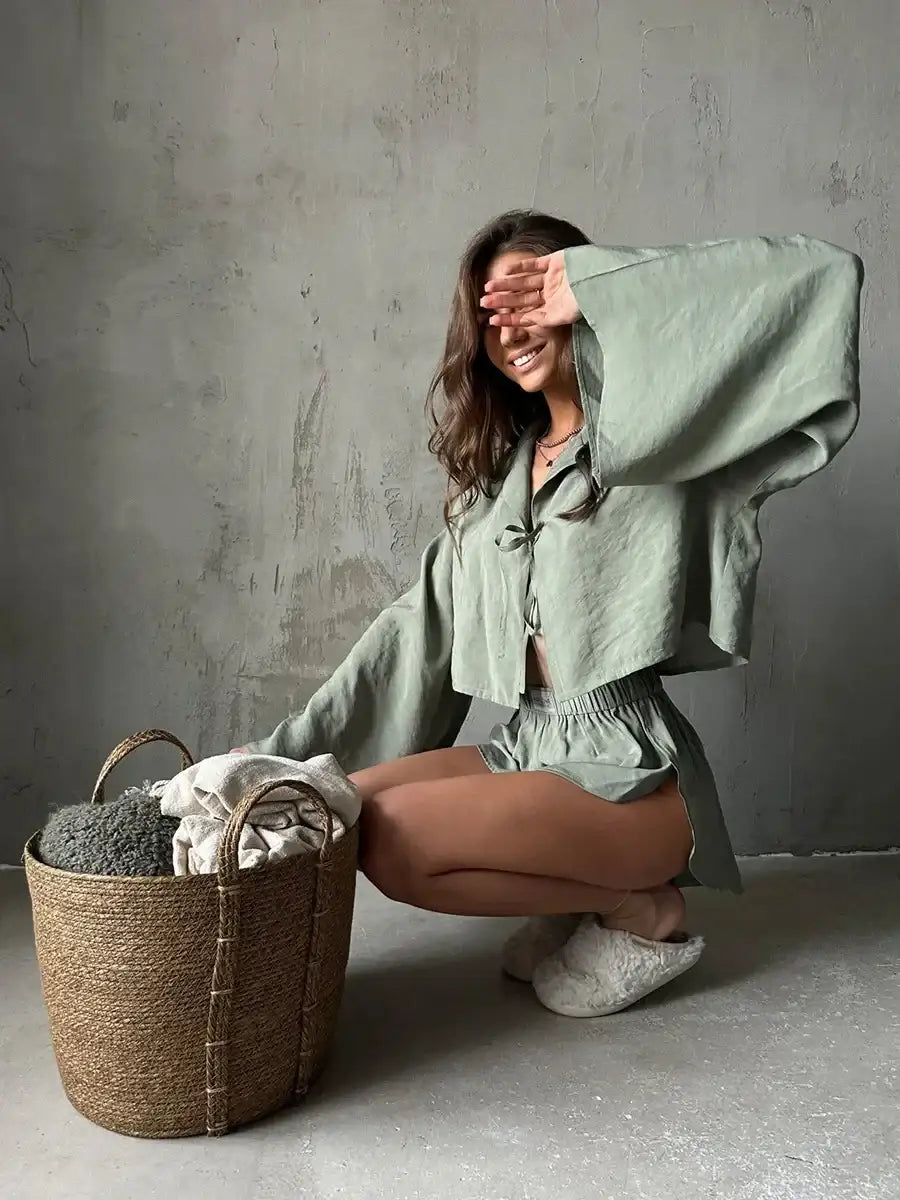 Solid Color Viscose Long Sleeved Shorts Pajamas 2 Piece Set │ Comfortable Homewear - Besontique Home