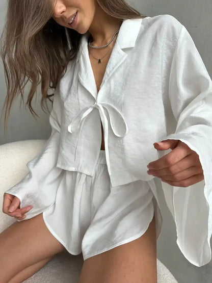 Solid Color Viscose Long Sleeved Shorts Pajamas 2 Piece Set │ Comfortable Homewear - Besontique Home
