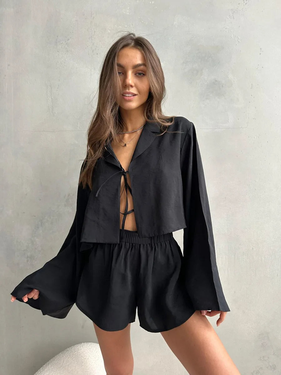 Solid Color Viscose Long Sleeved Shorts Pajamas 2 Piece Set │ Comfortable Homewear - Besontique Home