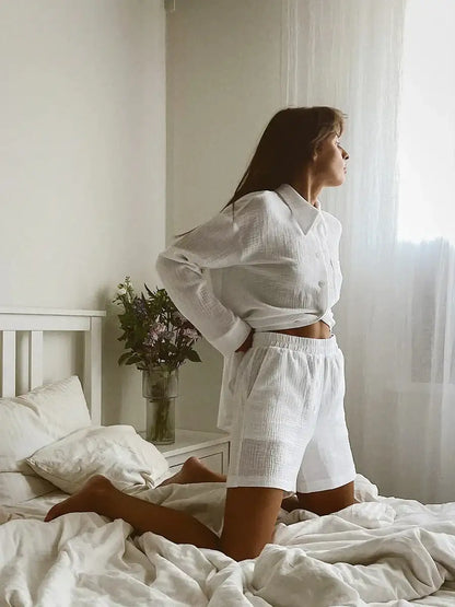 Solid Color White Pajamas 2 Piece Set │ Cotton Homewear Nightwear - Besontique Home