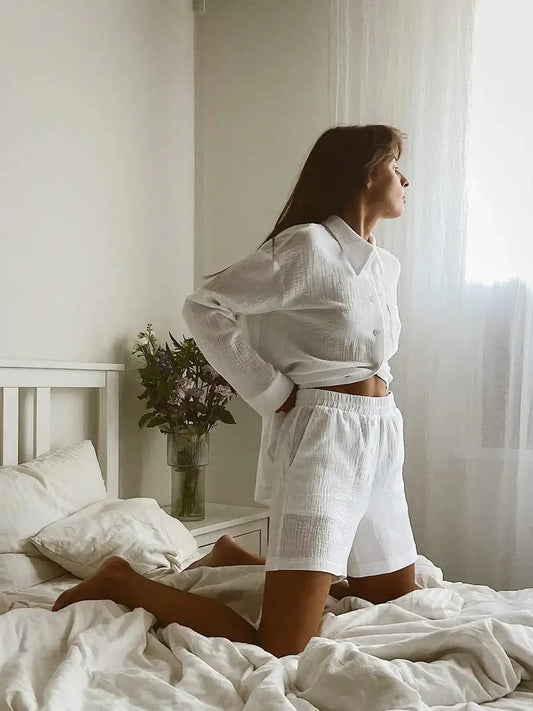 Solid Color White Pajamas 2 Piece Set │ Cotton Homewear Nightwear - Besontique Home