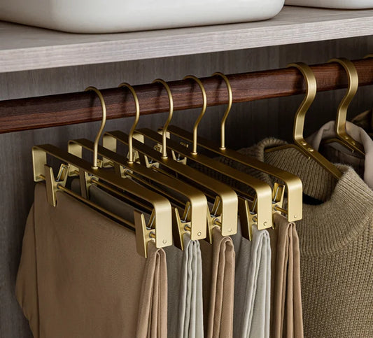 Solid Matte Gold/Silver Skirts Pants Hangers │ Light Luxury Clothes Wardrobe Trouser Rack with Clips - Besontique Home
