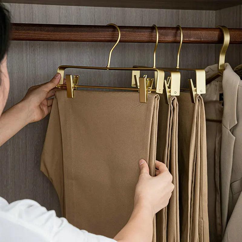 Solid Matte Gold/Silver Skirts Pants Hangers │ Light Luxury Clothes Wardrobe Trouser Rack with Clips - Besontique Home
