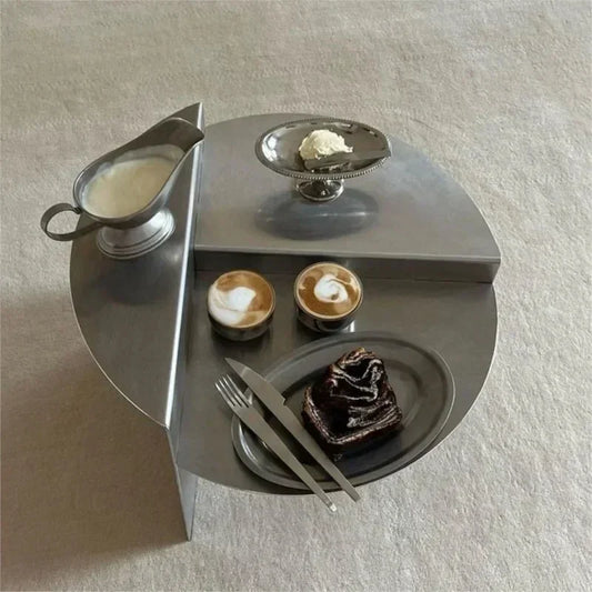 Stainless Steel Silver Coffee Living Room Table │ Japandi Modern Round Metal Layered Bedside Table Furniture - Besontique Home