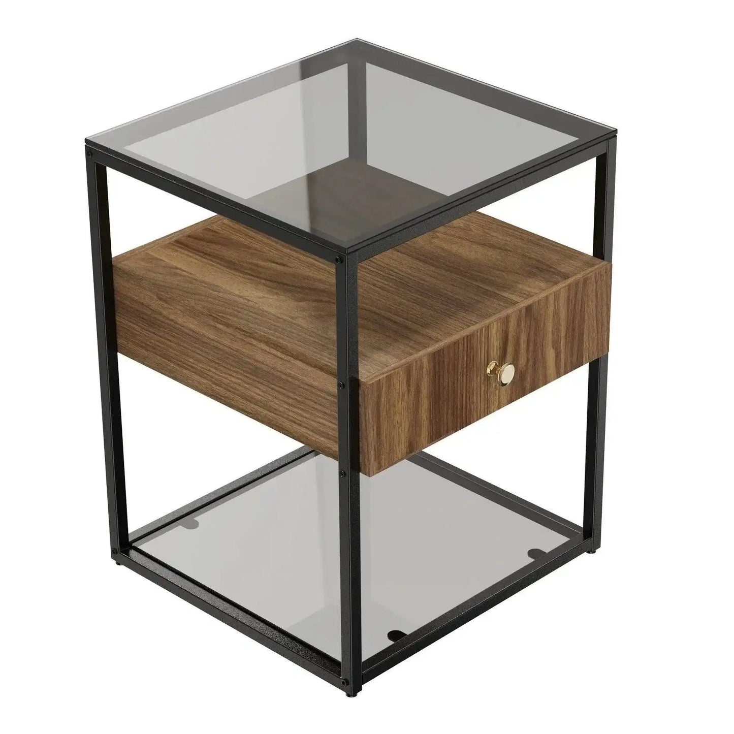 Tempered Glass and Wood Side Table │ Modern Minimal Nightstand with Wooden Drawer and Shelf Furniture - Besontique Home