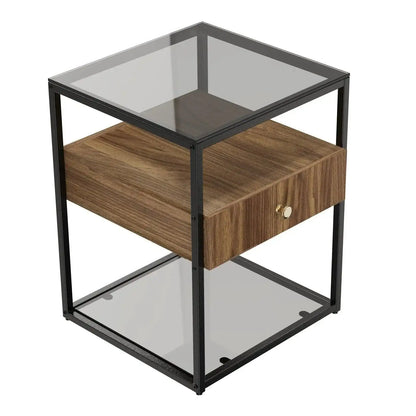 Tempered Glass and Wood Side Table │ Modern Minimal Nightstand with Wooden Drawer and Shelf Furniture - Besontique Home
