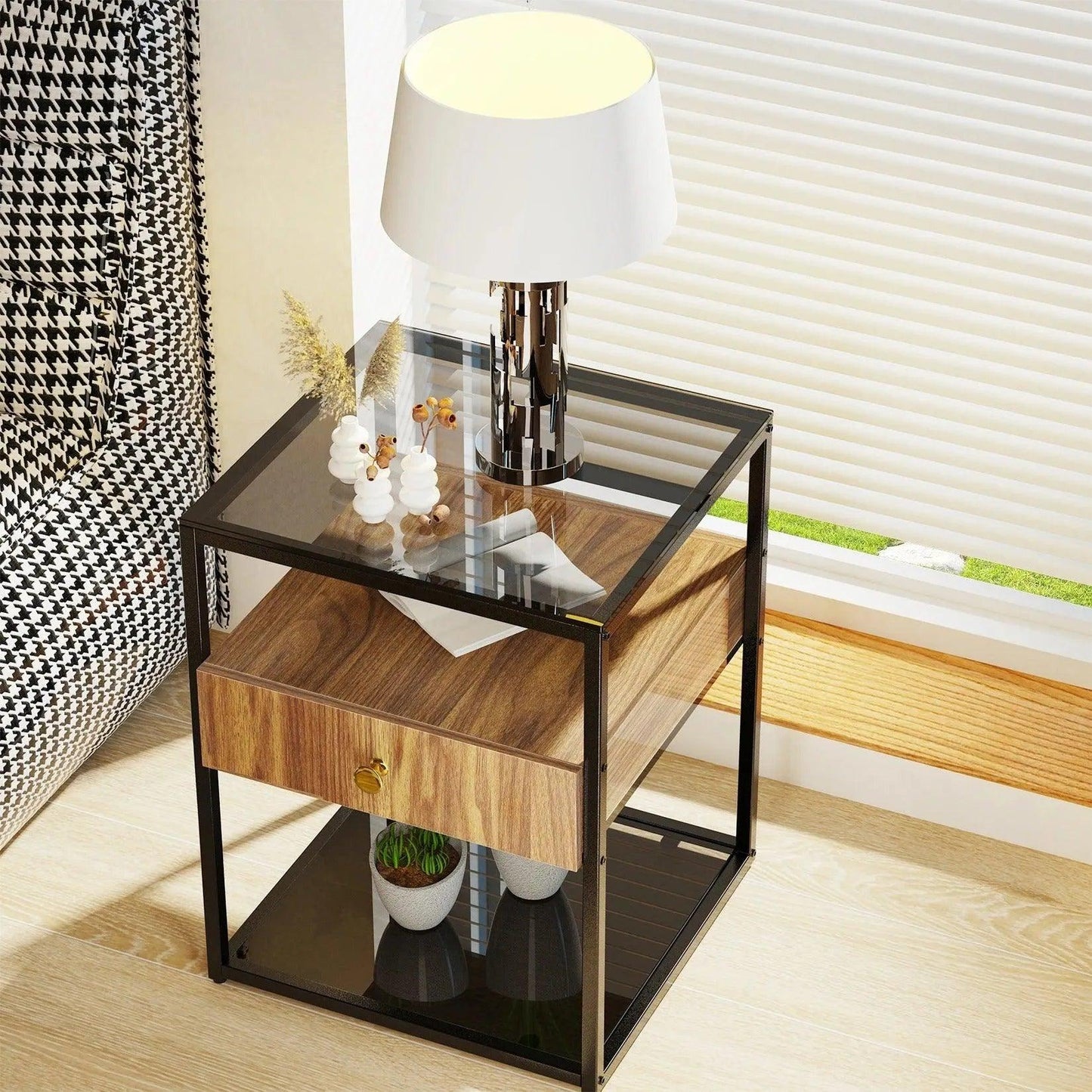 Tempered Glass and Wood Side Table │ Modern Minimal Nightstand with Wooden Drawer and Shelf Furniture - Besontique Home
