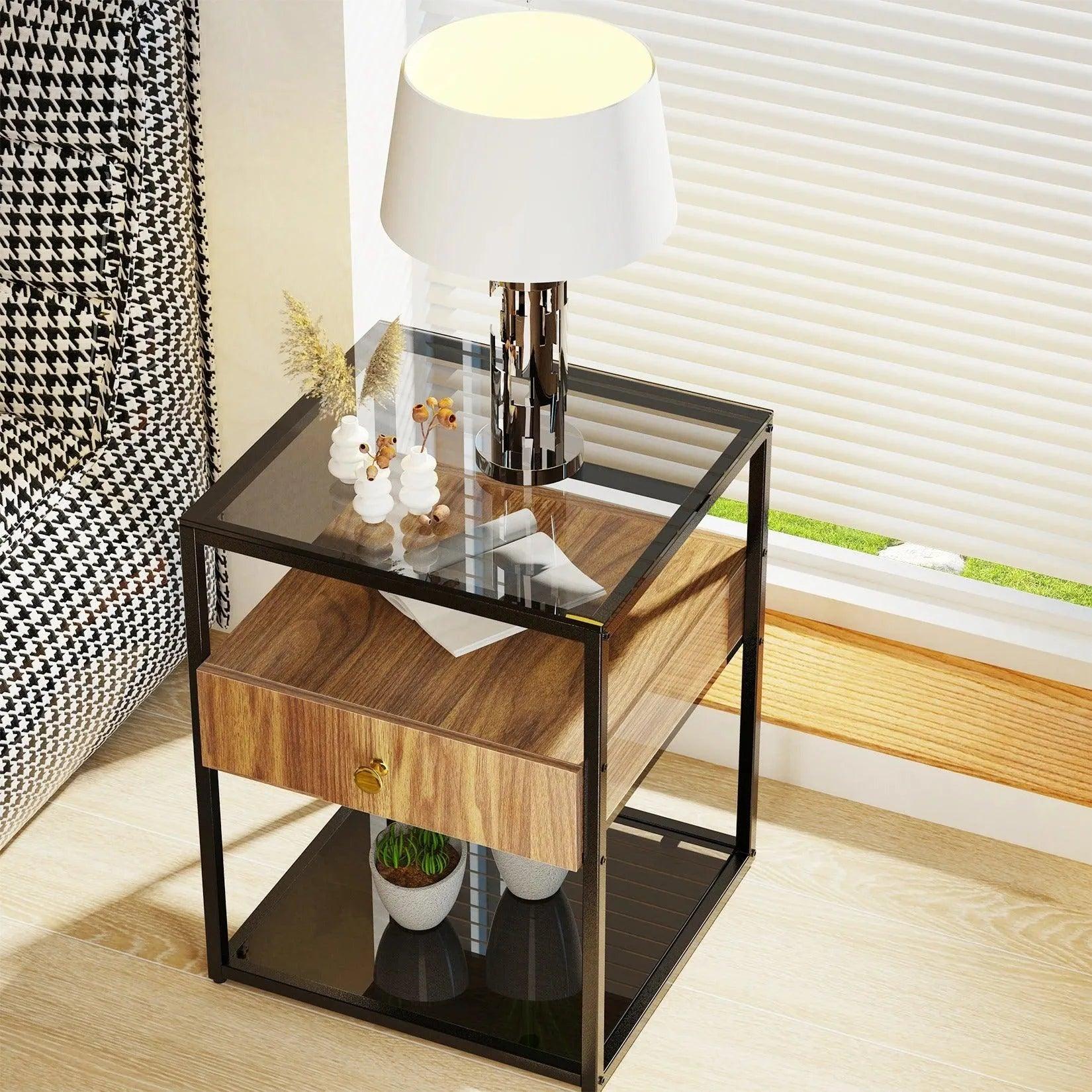 Tempered Glass and Wood Side Table │ Modern Minimal Nightstand with Wooden Drawer and Shelf Furniture - Besontique Home