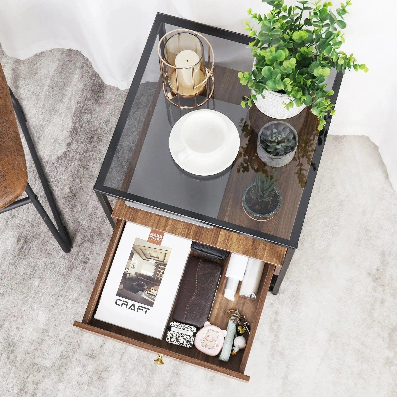 Tempered Glass and Wood Side Table │ Modern Minimal Nightstand with Wooden Drawer and Shelf Furniture - Besontique Home